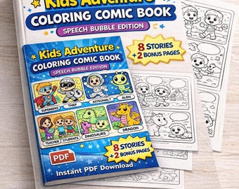 Kids Coloring Comic Book Printable PDF – 8 Adventure Stories + 2 Bonus Pages – Speech Bubble Activity for Homeschool & Classroom