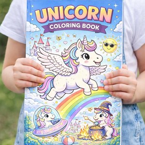 May include: A blue unicorn coloring book with the title "UNICORN COLORING BOOK" in large, colorful letters. The cover features a flying unicorn with a rainbow mane and tail, a rainbow, and a smiling sun.