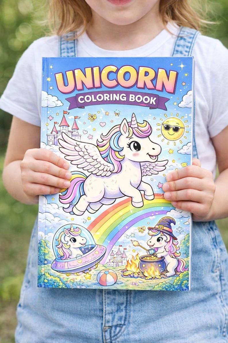 May include: A blue unicorn coloring book with the title "UNICORN COLORING BOOK" in large, colorful letters. The cover features a flying unicorn with a rainbow mane and tail, a rainbow, and a smiling sun.