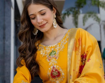 Mustard Yellow Embroidered Festive Ethnic Kurta Set with Dupatta for Woman