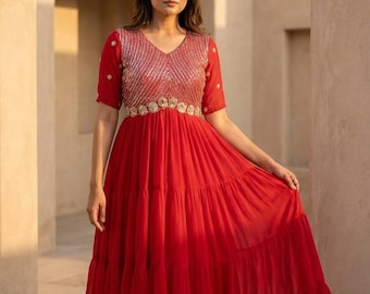 Red Anarkali Dress, Designer Indian Party Gown for Women