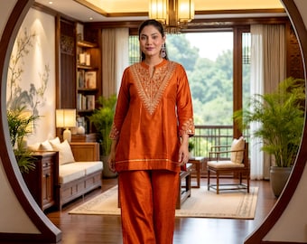 Rust Orange Embroidered Ethnic Straight Kurta Plazzo Set with Dupatta