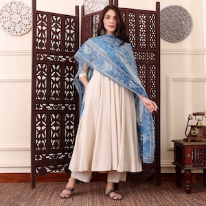 cotton dresses with dupatta women Women mul cotton off white Printed embroidered gown with Dupatta   sarahnoor.co.in