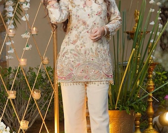 Traditional Elegant Ivory Embroidered Tunic Kurta Set with Pant for Women