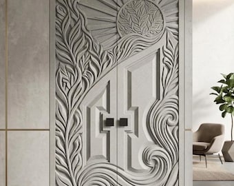 Carved Double Entry Doors | Sun & Vine CNC Design | Modern White Textured Main Door | Luxury Architectural Statement Door Custom Double Door