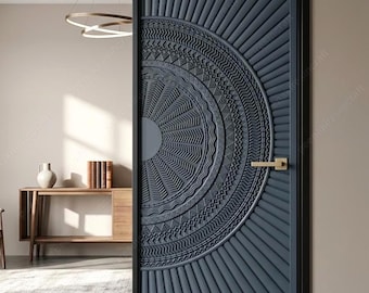 Puerta tallada en CNC 3D Sun Ray, puerta de panel geométrico HDHMR, puerta de diseño con patrón tribal, puerta interior urbana moderna, puerta de lujo personalizada.