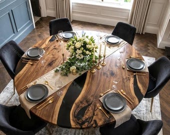 Zwarte hars Live Edge eettafel, handgemaakte ronde keukentafel, aangepaste luxe epoxy tafel, rond walnoot epoxy rivier tafelblad