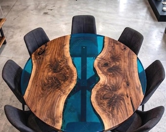 Moderne tafel van hout en hars, ronde blauwe epoxy riviertafel - eettafel transparante hars live rand - aangepaste walnoot ronde keukentafel -