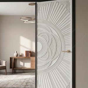 Puerta moderna con mandala tallado en 3D / Puerta interior CNC estilo boho chic / Puerta minimalista blanca con diseño de rayos de sol / Puerta de diseño de lujo con paneles radiales personalizados