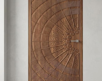 Custom 3D Sunburst Carved Wood Door | Radial Pattern Designer Interior Door | Contemporary CNC Art Door Handcrafted Luxury Entry Custom Door