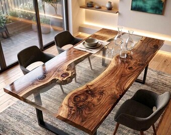 Luxury Walnut Clear Epoxy River Table, Live Edge Dining Table, Resin Conference Table, Custom Wood Table, Modern Handmade Furniture table