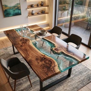 Könnte beinhalten: Ein handgefertigter Esstisch aus Holz mit einem Fluss aus türkisfarbenem Harz. Der Tisch hat ein Live-Edge-Design mit natürlicher Holzmaserung. Der Tisch wird von einem schwarzen Metallsockel getragen und ist etwa 183 cm lang.
