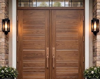 Custom CNC Grooved Teak Walnut Main Door | Mid Century Modern Double Entrance Door | Architectural Statement Front Wood Door | Custom Door