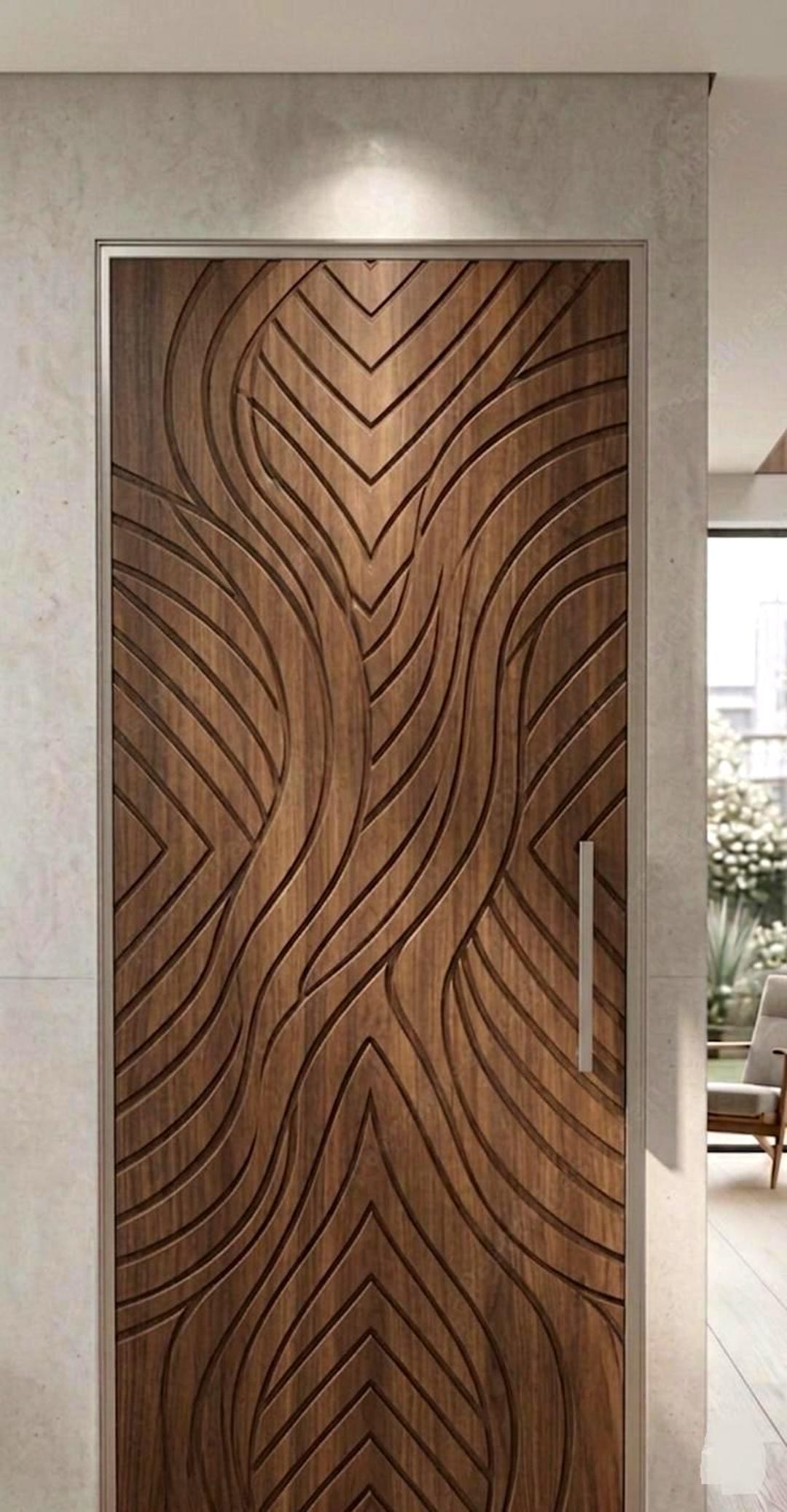 Custom Handcrafted Walnut Door – 3D Wave Pattern Carved Interior