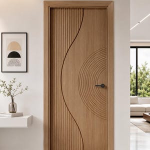 Diseño moderno de puerta principal de madera, puerta exterior tallada con CNC, puerta de entrada principal de lujo, puerta de madera con líneas verticales 3D, puerta de entrada principal de tamaño personalizado.