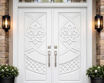 Puerta doble blanca de entrada, intrincado tallado CNC 3D / Puerta HDHMR de lujo con patrón geométrico / Puerta exterior arquitectónica hecha a mano a medida