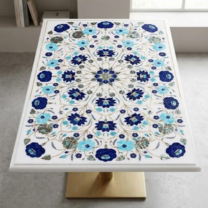 Tampo de mesa de jantar com incrustações de mármore branco | Mesa em Pietra Dura de Lápis-lazúli | Mesa de jantar floral de luxo | Tampo de mesa de mármore personalizado feito à mão