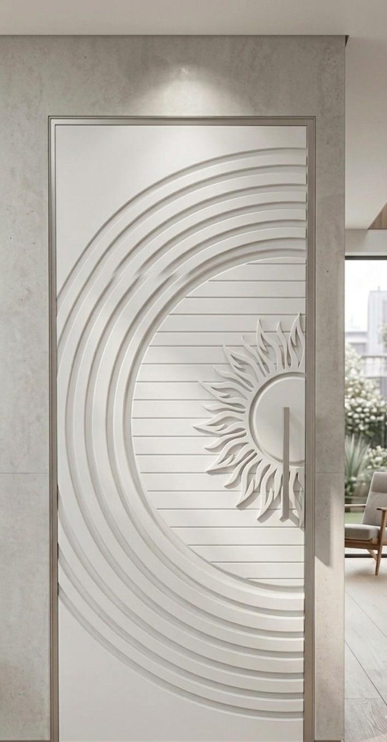 Luxury Handcrafted White Hdhmr Door | Contemporary 3D Relief Sun & Arch ...