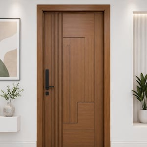 Diseño de puerta principal de madera, puerta exterior tallada con CNC, puerta de entrada principal de lujo, puerta de madera con líneas verticales 3D, puerta de entrada principal de tamaño personalizado.
