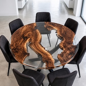 Transparent Epoxy River Dining Table, Round Live Edge Walnut Table, Clear Resin River Table Top, Custom Kitchen Table, Handmade Dining table