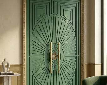Luxury Art Deco Double Doors | Custom CNC Sunburst Design | 3D Carved Geometric Entry Door | Modern Green Doors | Grand Interior Entrance