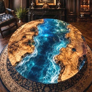May include: An oval dining table featuring a live edge wood slab with a central river design made of blue resin. The resin mimics flowing water with white foam details, contrasting against the natural brown wood grain and textured edges.
