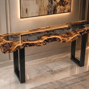 Walnut Console Table with transparent Black Resin table– Modern Entryway Sofa Table – Live Edge Wood Console – Custom Epoxy Furniture Table