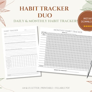 Tracker delle abitudini giornaliero e mensile stampabile in formato orizzontale, modello per il monitoraggio delle abitudini, routine, sfida delle abitudini di 30 giorni, formato A4/Lettera, download immediato.