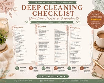 May include: Aesthetic deep cleaning checklist with weekly, deep, and monthly sections. The printable PDF includes a coffee cup, a notebook, and a candle. The text reads "Deep Cleaning Checklist" and "Get Yours Today!"