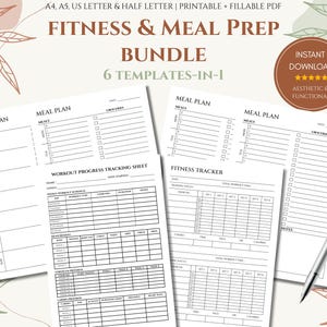 May include: A collection of printable fitness and meal prep templates. The bundle includes meal plans, a workout progress tracking sheet, and a fitness tracker. The templates are in black and white and include the text "Fitness & Meal Prep Bundle" and "6 Templates-in-1". A pen is included.