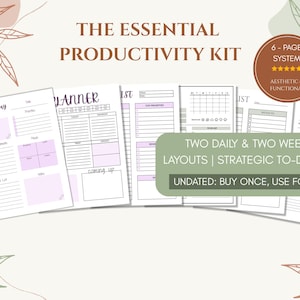 Puede incluir: Un conjunto de páginas de planificador de productividad sin fecha con un esquema de color claro. Las páginas incluyen diseños diarios y semanales, listas de tareas y espacio para notas. El texto de la imagen dice "The Essential Productivity Kit" y "Two Daily & Two Weekly Layouts | Strategic To-Do Lists".