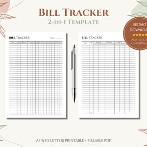 Pode incluir: Dois modelos brancos de rastreamento de contas com linhas de grade e o texto "BILL TRACKER" e "2-IN-1 TEMPLATE". Uma caneta prateada repousa entre os modelos. Os modelos são rotulados como "A4 & US LETTER | PRINTABLE + FILLABLE PDF". Um círculo marrom diz "INSTANT DOWNLOAD".