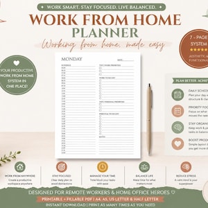 Op de afbeelding: Een afdrukbare thuiswerkplanner met een minimalistisch ontwerp. De planner bevat een dagschema, prioriteitenlijst en takenlijst. De tekst op de planner luidt "Work From Home Planner" en "Working from home, made easy."