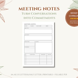May include: A white printable meeting notes template with the text "MEETING NOTES" and "TURN CONVERSATIONS INTO COMMITMENTS". The template includes sections for objectives, main points, presenters, agenda, action items, and more. Includes a brown circular badge that says "INSTANT DOWNLOAD".