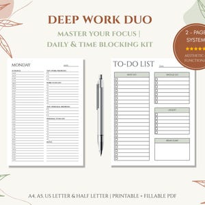 Peut inclure: Un kit imprimable Deep Work Duo avec un emploi du temps du lundi et une liste de tâches. Le kit comprend un stylo et un graphique circulaire indiquant "2-PAGE SYSTEM" et "Aesthetic & Functional". Disponible en formats A4, A5, US Letter et Half Letter.
