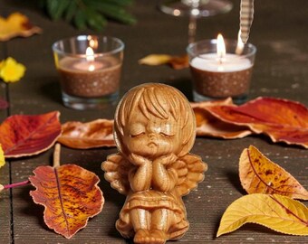 Hand Carved Wooden Angel Figurine, Rustic Wood Craft Ornament, Spiritual Desk Decor