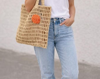 Raffia Crochet Tote Bag, Handmade Raffia Bag, Summer Crochet Bag, Net Crochet Tote, Handmade Beach Bag, Straw Style Bag