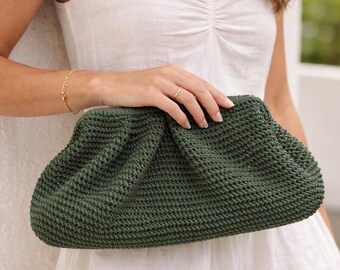 Handgemachte Grüne Häkeln Clutch, Papiergarn Handtasche, Minimalistische Sommer Geldbörse