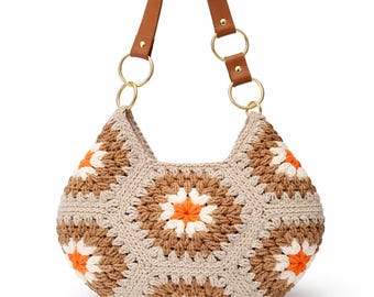 Beige Crochet Granny Square Shoulder Bag, Cotton Purse, Wooden Handle Handbag