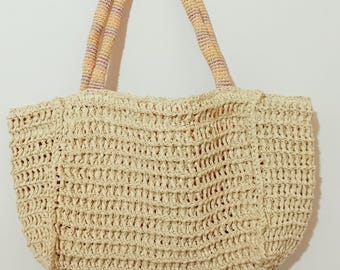 Handmade Raffia Crochet Bag with Wooden Handles, Neutral Summer Tote