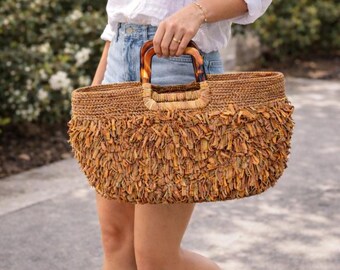 Handmade Raffia Crochet Tote Bag, Wooden Handles, Textured Summer Beach Bag