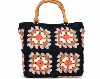 Granny Square Crochet Tote Bag, Handmade Bohemian Purse with Bamboo Handle