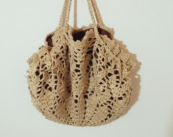 Handmade Beige Cotton Crochet Bag, Summer Top Handle Purse