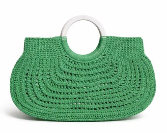 Green Paper Yarn Crochet Handbag, Bone Handle Summer Purse