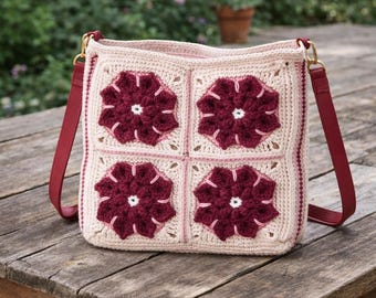 Handmade Crochet Flower Bag, Boho Crossbody Knitted Purse, Women's Top Handle Bag