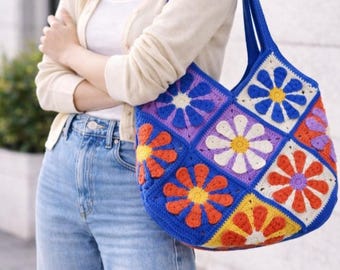 Handmade Crochet Granny Square Tote Bag, Colorful Floral Boho Shoulder Purse