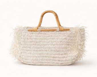 Handmade Paper Yarn Crochet Tote Bag, Boho Summer Beach Shoulder Bag