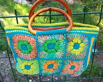 Crochet Granny Square Tote Bag, Colorful Handmade Cotton, Wooden Handle Summer Handbag