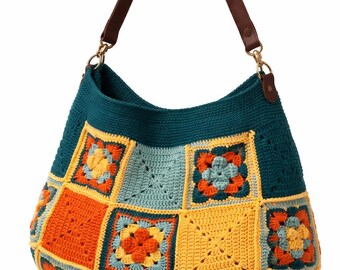 Handgemachte Häkeln Oma Quadrat Schultertasche, Bunte Patchwork Hobo Geldbörse