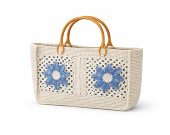 Handmade Raffia Crochet Tote Bag, Flower Motif, Large Summer Beach Bag